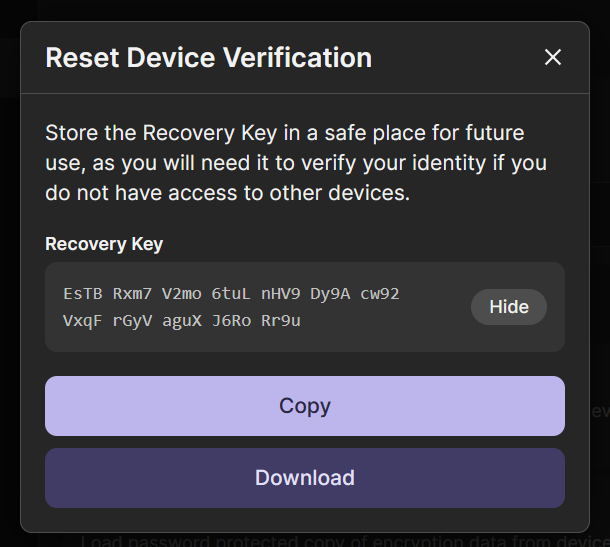 Recovery key display
